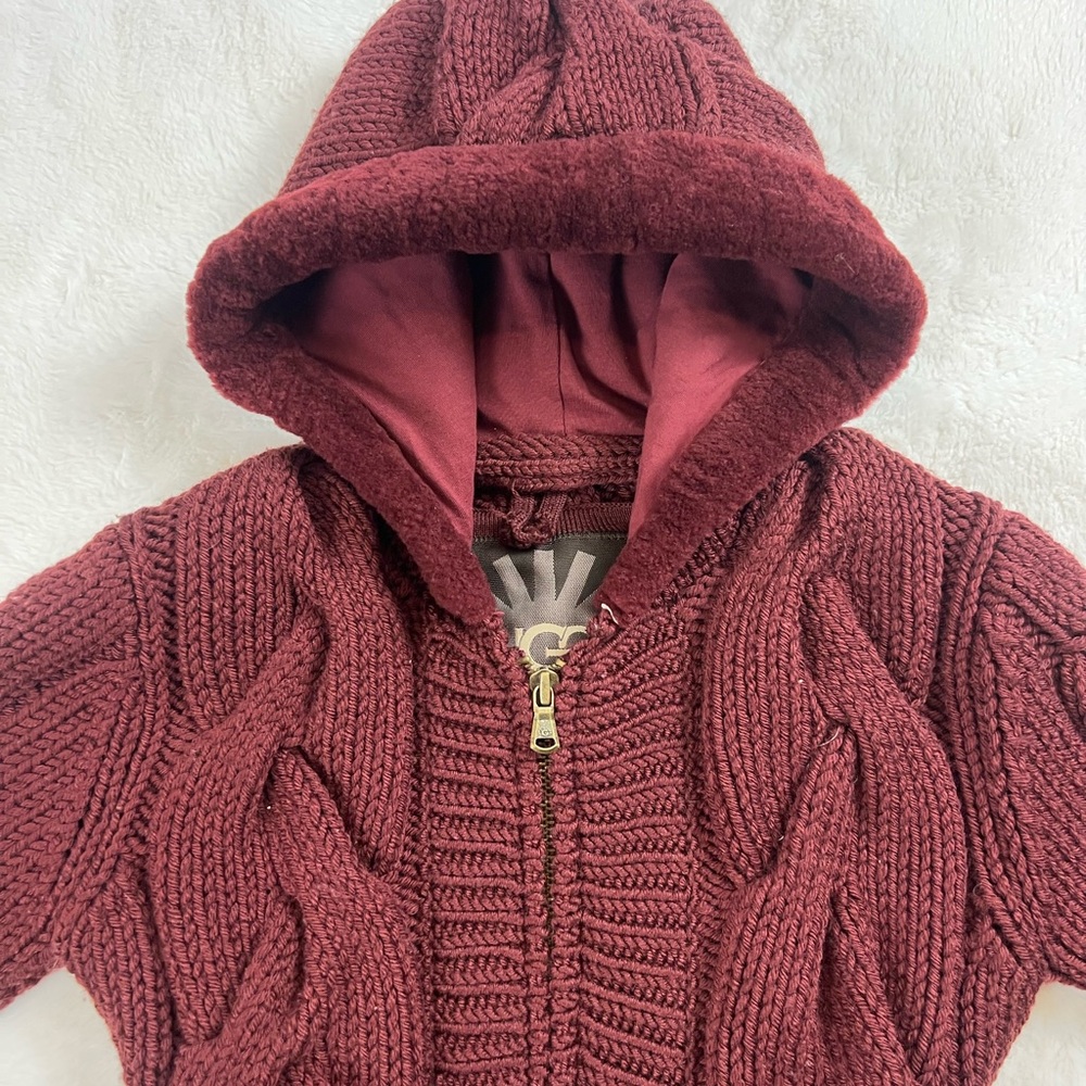 UGG Australia Lamb Trim & Merino Wool Cable Knit Hooded Cardigan - Picture 2 of 11
